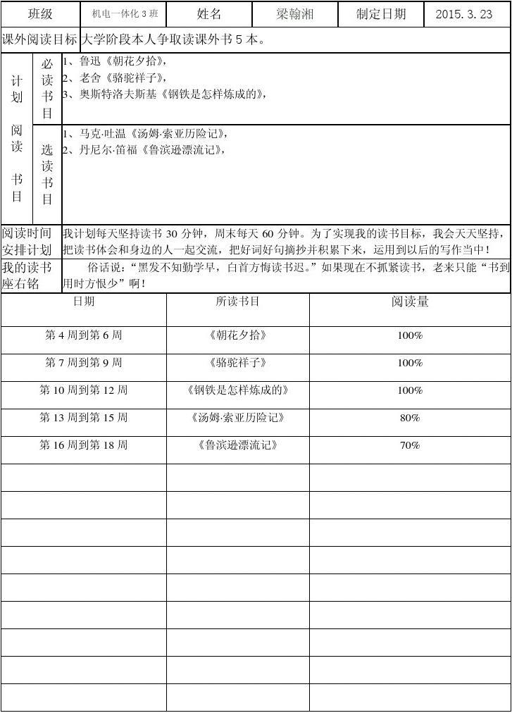 读书计划卡