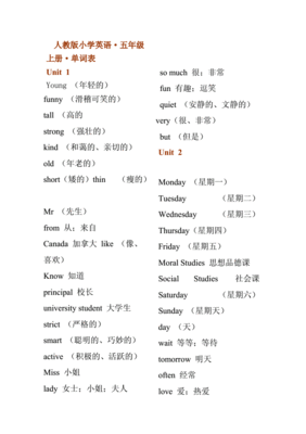 五年级上册英语书人教版单词表