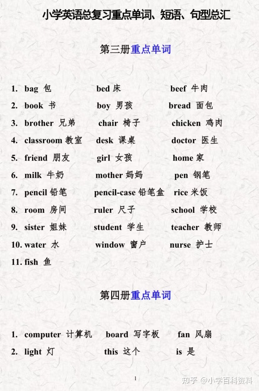 一到六年级的英语单词
